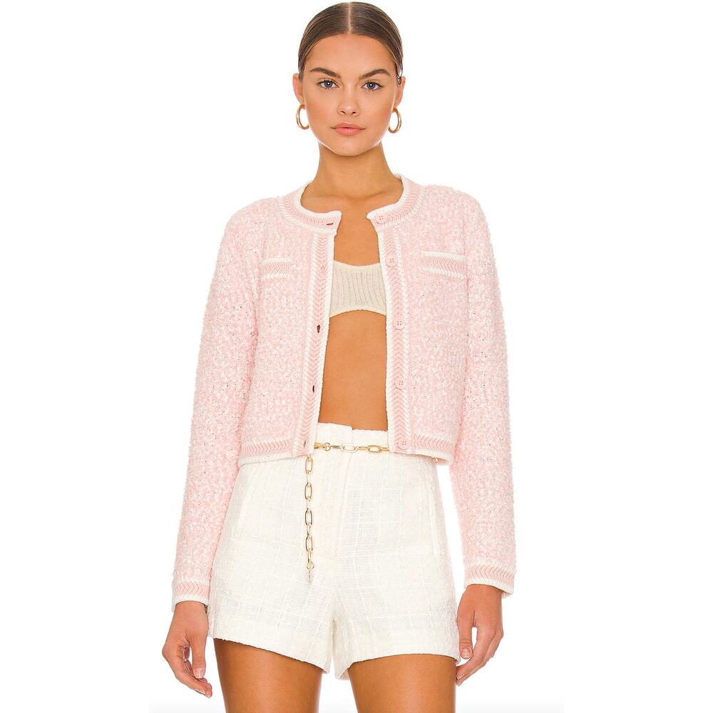 Alice + Olivia Noella Cropped Cardigan Medium Pink Boucle Knit Crew Button Front - Picture 13 of 15